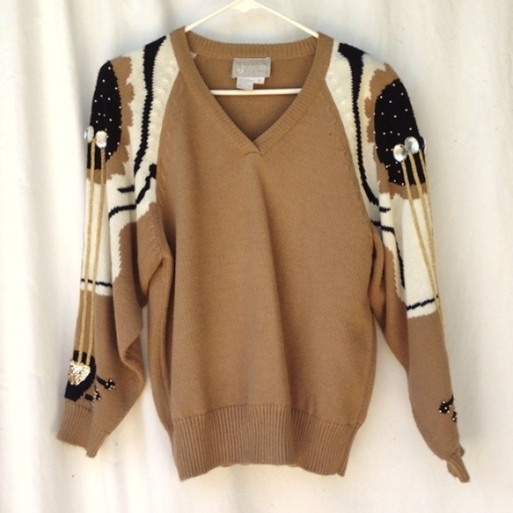 Vintage 80s Acrylic Knits Expressly for Joyce Embellished Tan Sweater S
